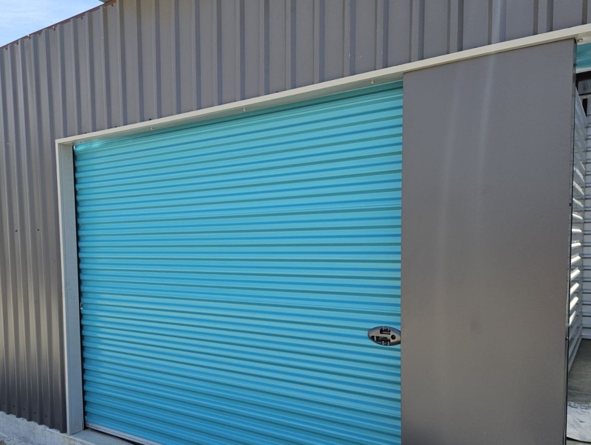 Bright teal drive-up door